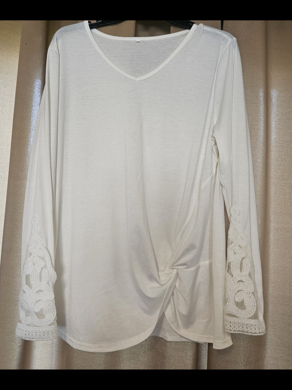 Women’s V-Neck Long Sleeve Knit Top with Crochet Sleeve Detail - White